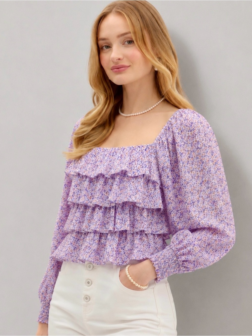 REVOLVE Astr The Label Lavender Fields Floral Ruffle Top Size L